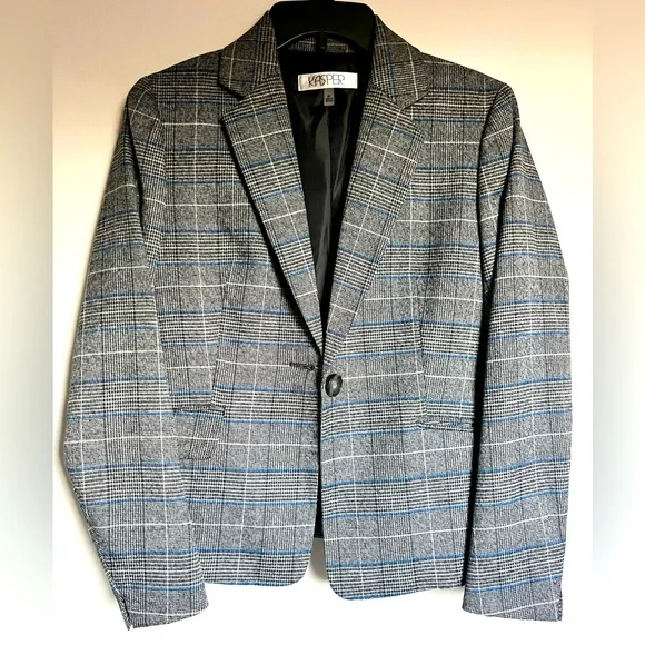 NWOT Kasper Women's Gray Blue Houndstooth Plaid Lined Blazer 4 P - Picture 1 of 12